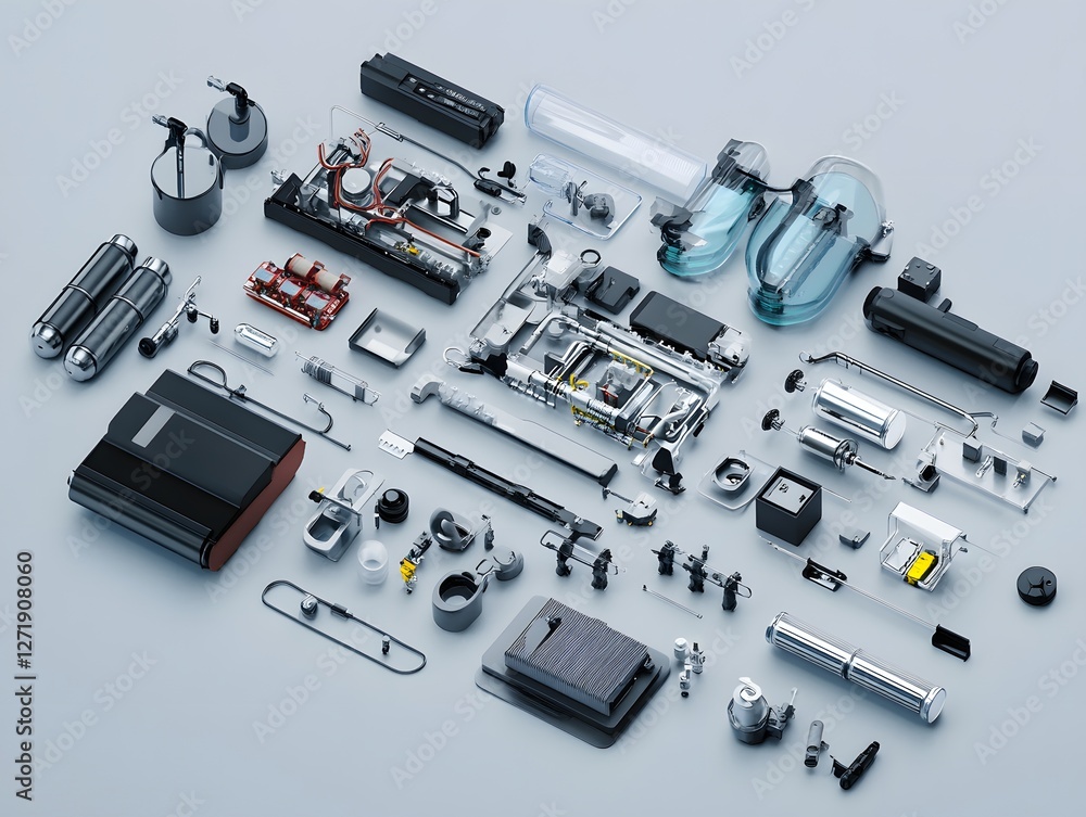 Poster an extensive collection of mechanical components and parts arranged neatly, showcasing precision eng