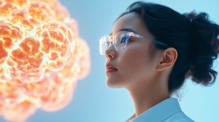 Futuristic Research Aesthetic Asian Female Scientist Analyzing Holographic Data with Advanced Transparent Displays - Innovation in Scientific Tech for Breakthrough Discoveries
