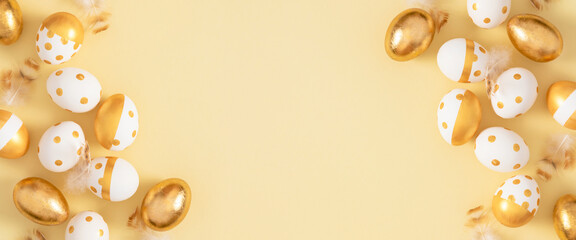 Bright festive Easter banner with golden eggs and feathers on a light beige background. Perfect for greeting cards and Easter themes.