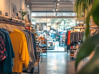 Naklejka premium Bright and modern retail store showcasing colorful clothing and organized displays for a vibrant shopping experience.