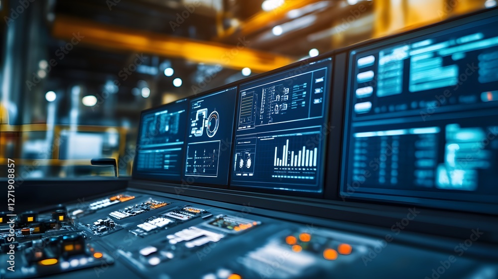 Poster close-up view of a modern control panel showcasing data graphics and key indicators in an industrial