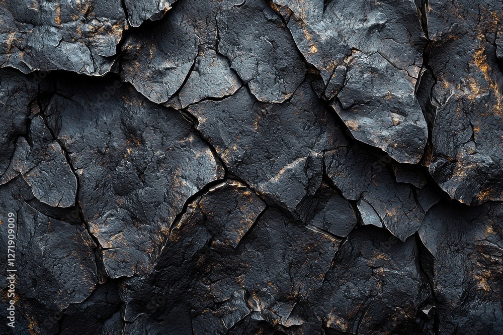 Poster an abstract close-up of dark, cracked rock formations with subtle golden accents, creating a texture
