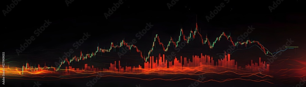 Poster dynamic data visualization displaying stock market trends and fluctuations, featuring vibrant colors