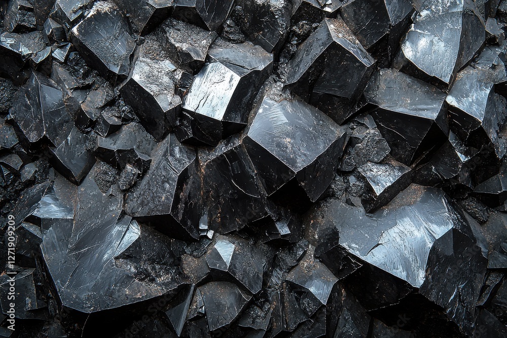 Poster a close-up of gleaming black obsidian rock formations, showing sharp, angular edges and textured sur
