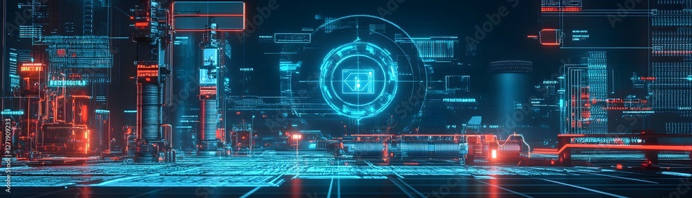 Poster futuristic digital landscape showcasing neon lights and advanced technology with intricate patterns 