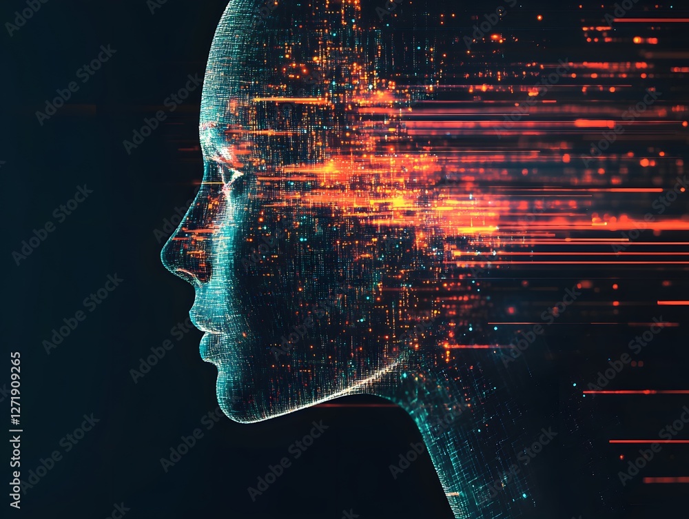 Poster futuristic digital portrait representing ai technology and human connection through a glowing data f