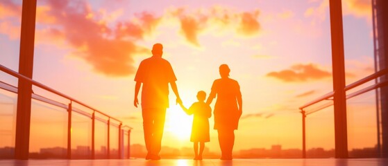 Cinematic Family Connection Sunlit Silhouettes on Modern Bridge - Visual Storytelling for Healthcare Campaigns and Emotional Branding
