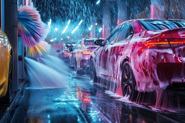 Cars in an automated car wash, showcasing soap, water, and colorful brushes for thorough cleaning, highlighting vehicle care and maintenance, automotive industry imagery and technology.