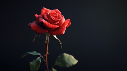 A vibrant red rose stands against a stark dark background