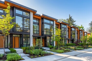 Modern townhouses with striking architectural design, featuring large windows, wood accents, and landscaped gardens, perfect for real estate and urban living concepts.
