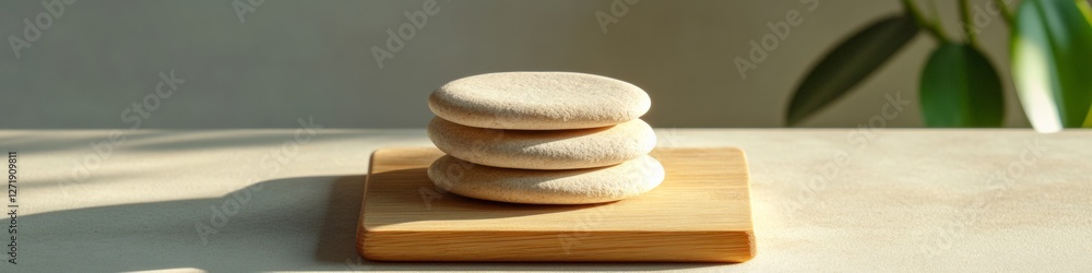 Poster zen-inspired finance smooth stone stack on wooden base with greenery modern business content and min