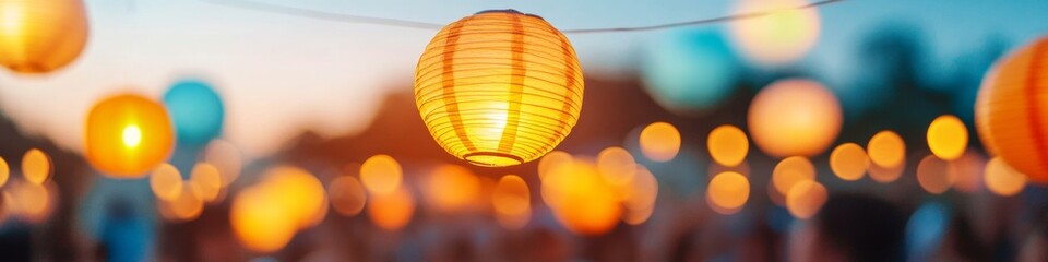 Fototapeta premium Cultural Outdoor Celebration Paper Lantern-Festooned Garden for Community Events - Vibrant Gatherings and Social Event Planning with Atmospheric Lighting