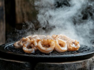 Calamari with visible grill marks and steam rising, set against a rustic background