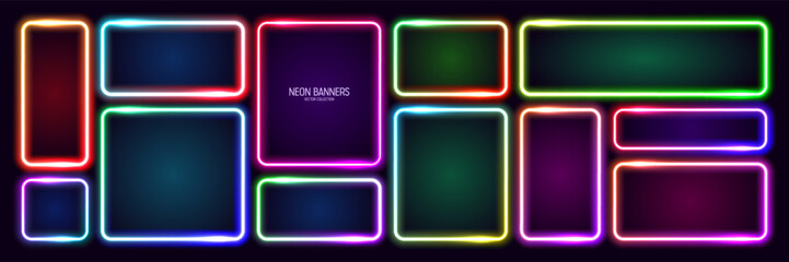 Colorful glowing neon banners, illuminated square frames. Shiny vibrant border, glow effect. Purple vintage retro lights, night illumination. Modern futuristic UI design elements. Vector illustration