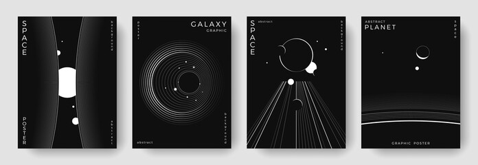 Set of abstract space astronomy backgrounds. Line art galaxy, solar system, planet, black hole. Science future concept. Cosmic minimalist design for cover, poster, layout, banner, flyer, brochure © Anastasiya Stoma