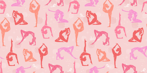 Hand drawn yoga poses seamless pattern, sport background, great for textiles, banners, wallpapers - vector