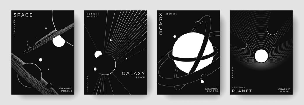 Set of abstract space astronomy backgrounds. Line art galaxy, universe, planet, solar system. Science future concept. Cosmic minimalist design for cover, poster, layout, banner, flyer, brochure
