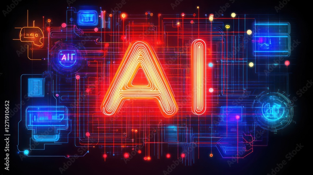 Poster abstract artificial intelligence connection with glowing neon symbols