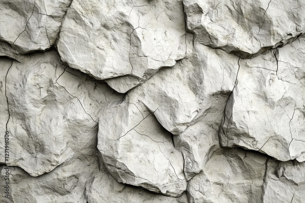 Poster detailed surface texture of a light gray stone wall with visible cracks and crevices creating a natu