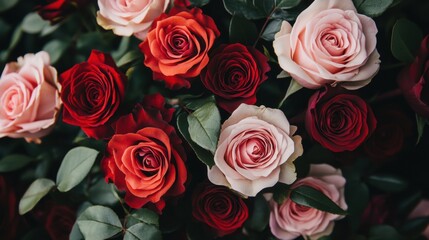 Soft pink and red roses blended with green leaves in an elegant floral arrangement for wallpaper.