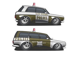 Police car vector illustration isolated. Cartoon Style Police Car Hand Drawn vector art. Patrol vehicle. Modern Police car. City urban police car. © CaraulanDesign