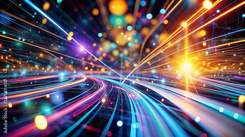 Poster futuristic data stream abstract background: glowing lines and nodes