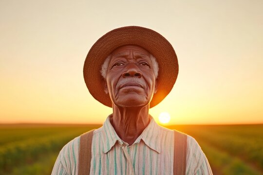 Timeless Harvest Spirits Bronze-Toned Elderly Farmer in Rustic Attire Against Sunlit Fields - Serfs Emancipation Day and Spring Equinox Agricultural Tranquility
