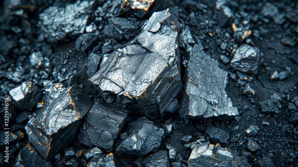 Poster detailed view of dark, shiny black minerals with sharp edges and various reflective surfaces, highli