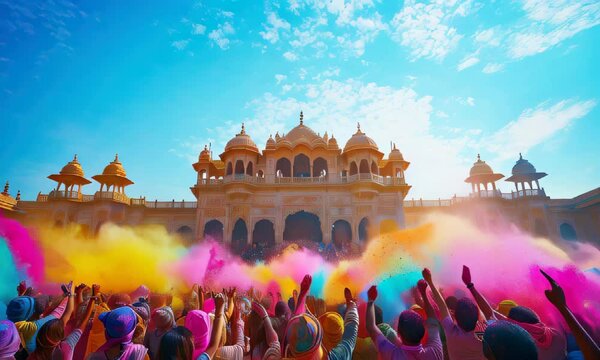 Crowd celebrating holi festival in front of palace