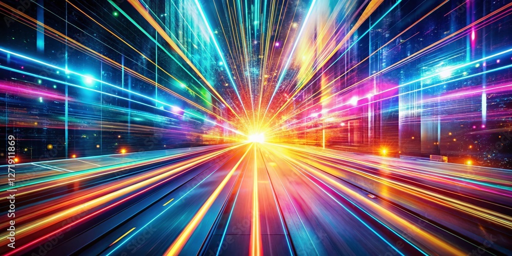 Aufkleber futuristic data stream: panoramic abstract space background with bright moving beams