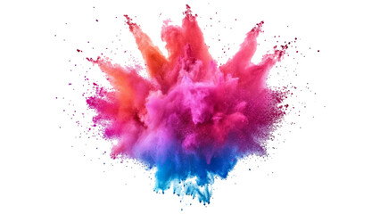 Abstract colorful holi paint powder festival explosion burst on transparent background. Explosive burst of multicolored powder spreading in all directions on a white background, 