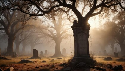 Cobwebs hang like ghostly curtains from the branches of ancient trees surrounding a forgotten tombstone, isolated location, weathered stone