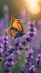 Obraz premium Monarch butterfly on lavender blossoms at sunrise
