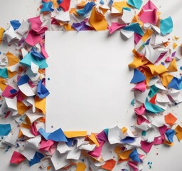 Colorful paper sheets scattered randomly around the frame of a plain white surface , rolled papers, creative displays