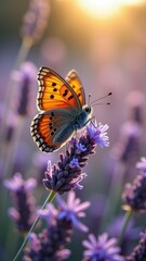 Obraz premium Vibrant butterfly on lavender in sunset glow