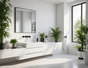 Contemporary white bathroom with black accents and plants , neutral colors, eco-friendly, organic