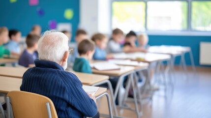 Fototapeta premium Back view of a man in a vest sits and studying at a desk surrounded of a group of children in a classroom. Education in any age concept