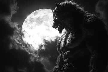 Angry werewolf silhouette howling at full moon night sky black and white photography dramatic side view mythical creature