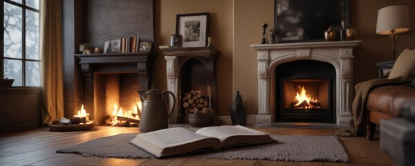 Cozy reading nook near the fireplace with a good book and a warm cup of coffee , hot coffee, cozy reading nook