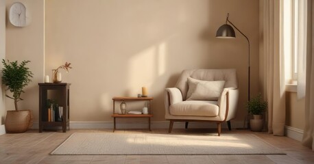 Cozy reading nook with a comfortable armchair and side table against a soothing beige backdrop, beige, fabric