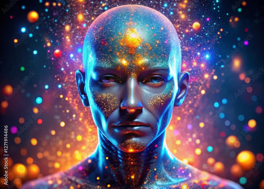 Poster futuristic hologram head: 3d particle face with bokeh effect - stock photo