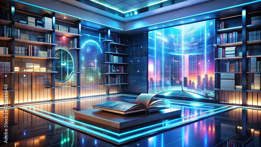 Poster futuristic holographic book display: interactive data visualization in modern architecture