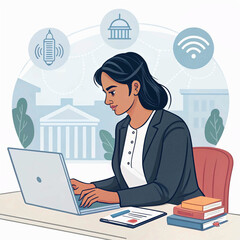 Focused Indian College Student Researching and Studying at a Public Library Using a Laptop