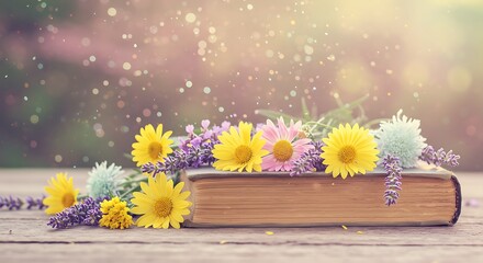 Fototapeta premium Vintage Book with Wildflowers and Lavender on a Rustic Wooden Table with Copy Space 
