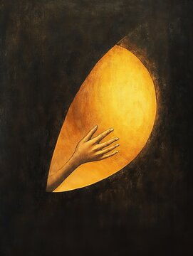 Hand reaching towards a glowing crescent shape on a dark textured background
