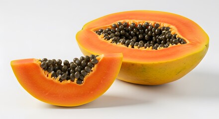 Sliced Papaya Fruit with Seeds on White Background Still Life
