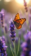 Fototapeta premium Vibrant orange butterfly on lavender in sunlit garden