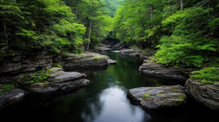 Obraz premium Dark Green River Flowing Through Lush Tropical Forest