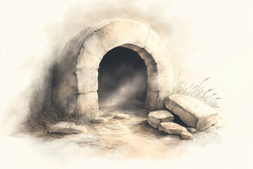 The stone rolled away from the tomb, symbolizing the empty grave of Jesus Christ and the Resurrection, a biblical scene from the New Testament (Luke 24:2-3).  Biblical watercolor illustration 
