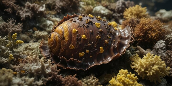 Dark brown hexaplex nigritus shell with yellow spots and seaweed , , ocean creatures, marine life